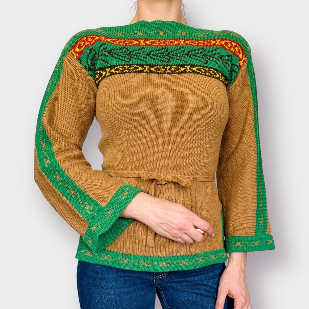 70s Tan Green Tunic Sweater Size M - Picture 2 of 7